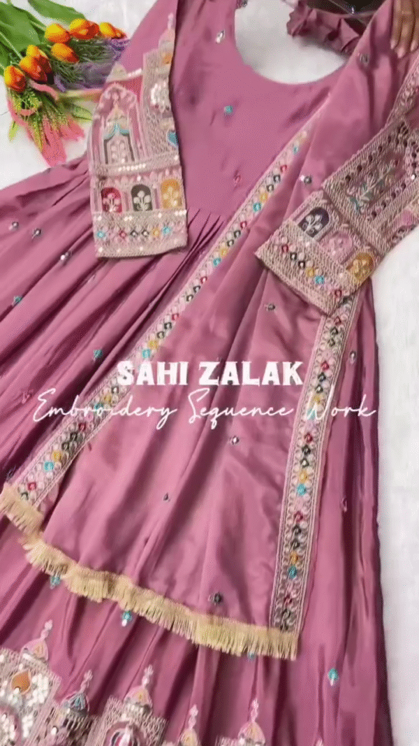 Elegant Handcrafted Embroidered Designer Dresses with Intricate Beadwork and Floral Accents in Rich Purple and Green Shades - Image 3