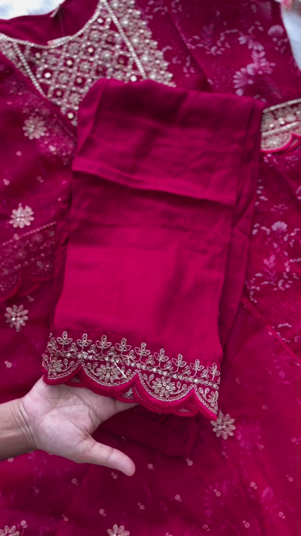 Embroidered Magenta Churidar Set with Intricate Pearl and Thread Work, Paired with Sheer Dupatta - Image 3