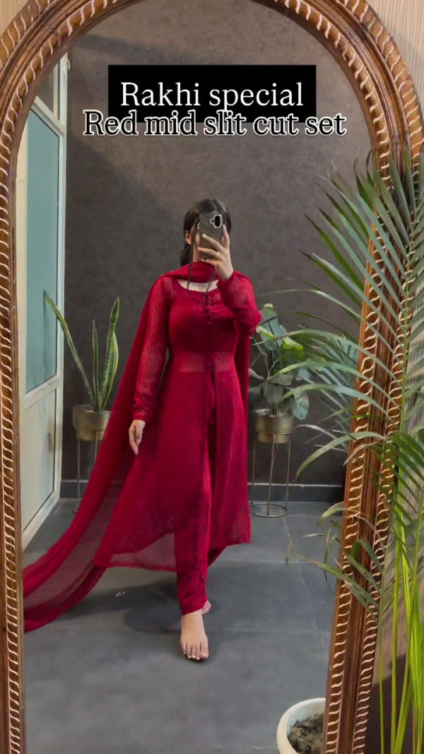 Bold Red Mid Slit Cut Set with Elegant Sheer Detailing for a Festive Look