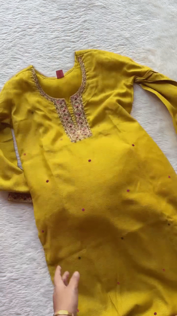 Bright Yellow Embroidered Kurta Set with Traditional Floral Motifs and Elegant Detailing
