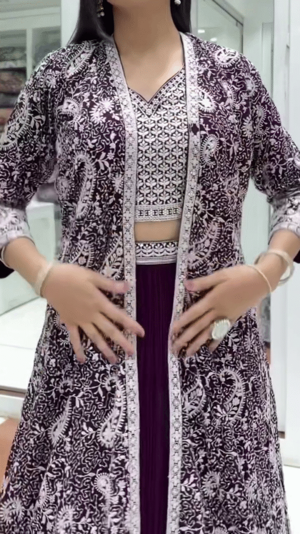 Stylish Purple Georgette Crop Top with Pleated Skirt and Heavily Embroidered Long Jacket – A Perfect Indo-Western Ensemble for Parties, Festive Events & Weddings - Image 2
