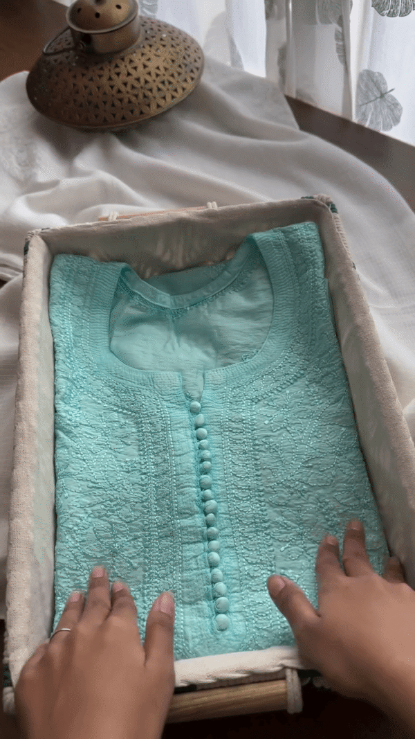 Pastel Aqua Blue Embroidered Kurti – Soft Cotton Comfort with Delicate Floral Threadwork & Stylish Button Detailing – Perfect for Summer Elegance