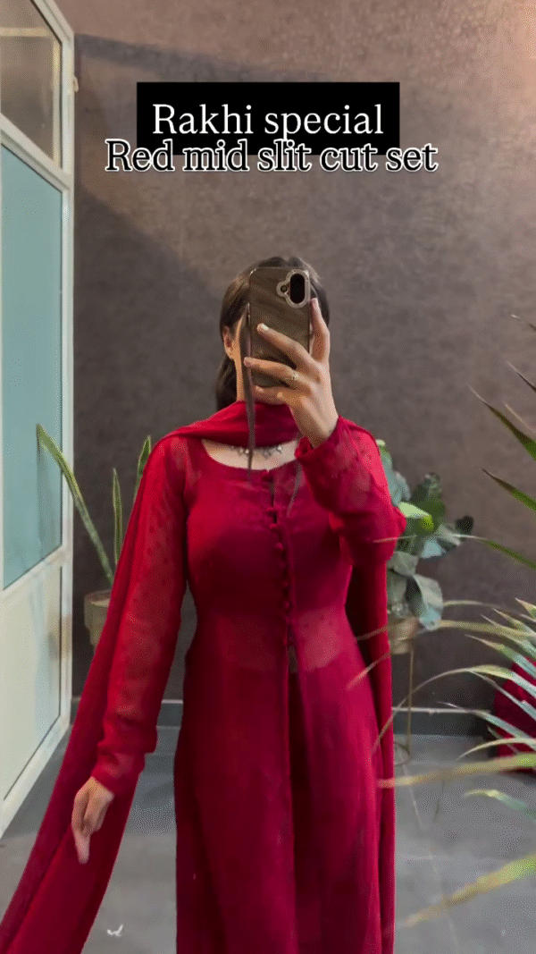 Bold Red Mid Slit Cut Set with Elegant Sheer Detailing for a Festive Look - Image 2