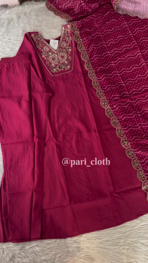 Elegant Maroon Embroidered Kurti Set with Intricate Beaded Neckline and a Matching Dupatta with Elegant Borders – Perfect for Festive and Formal Occasions. - Image 2