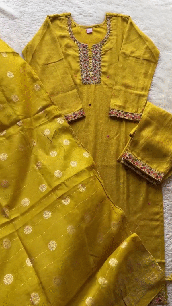 Bright Yellow Embroidered Kurta Set with Traditional Floral Motifs and Elegant Detailing - Image 2