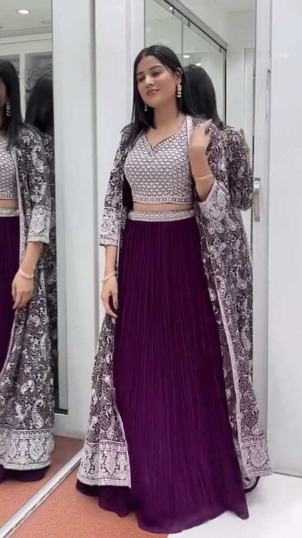 Stylish Purple Georgette Crop Top with Pleated Skirt and Heavily Embroidered Long Jacket – A Perfect Indo-Western Ensemble for Parties, Festive Events & Weddings
