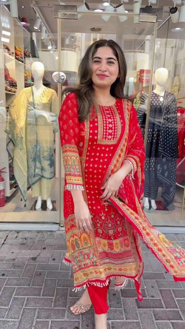Vibrant Red Straight-Cut Suit Featuring Traditional Bandhani-Inspired Print and Intricate Embroidered Panels – Accented with a Printed Dupatta and Tassel Detailing – Ideal for Festive Events and Traditional Celebrations - Image 2