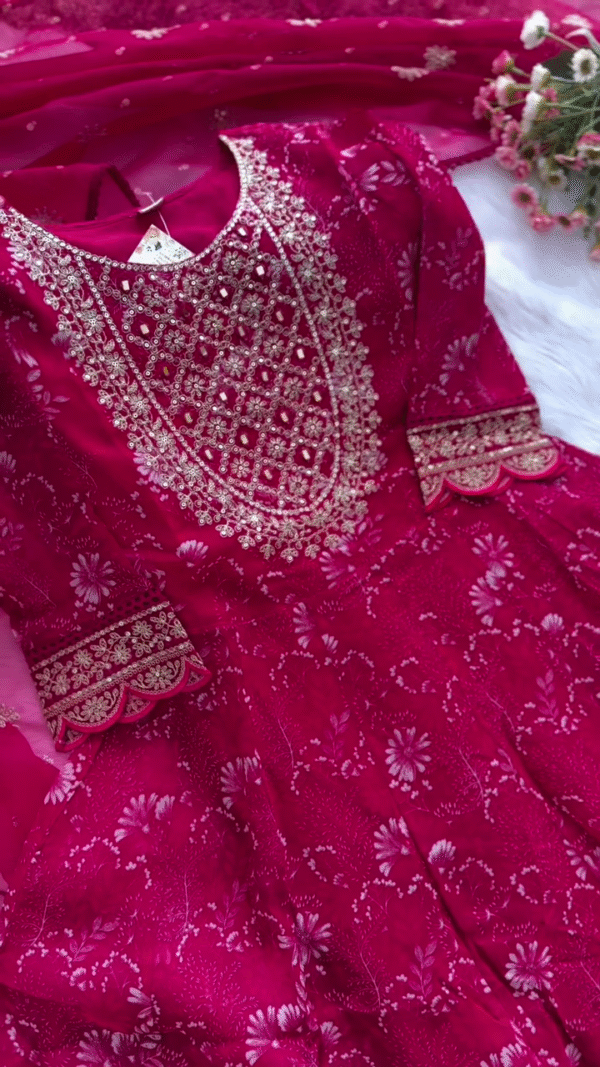 Embroidered Magenta Churidar Set with Intricate Pearl and Thread Work, Paired with Sheer Dupatta - Image 2