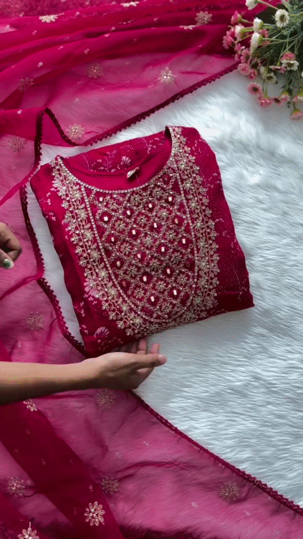 Embroidered Magenta Churidar Set with Intricate Pearl and Thread Work, Paired with Sheer Dupatta