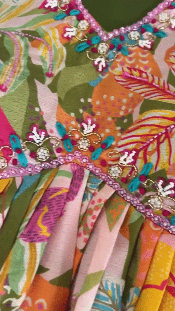 Floral Printed Long Dress with Green Dupatta – Vibrant and Colorful Ethnic Wear for Festive or Casual Occasions - Image 2