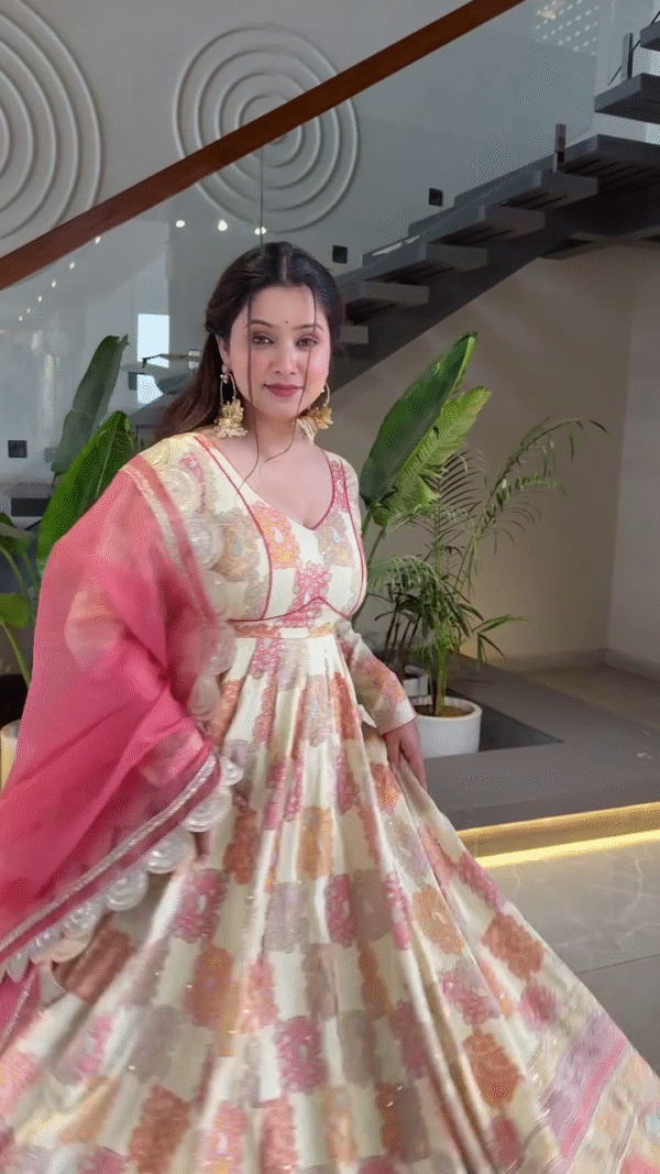 Elegant Beige and Peach Floral Embroidered Anarkali Dress with Sheer Pink Dupatta and Delicate Detailing - Image 2