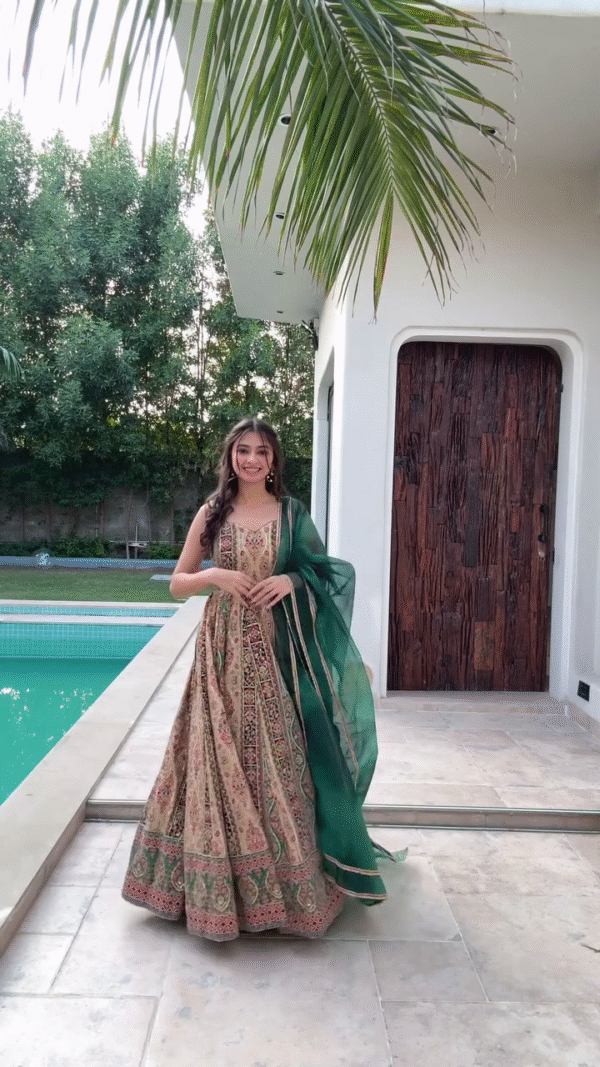 Beige and Green Embroidered Lehenga Set with Floral Details – Perfect for Weddings, Festive Celebrations, and Traditional Occasions - Image 2
