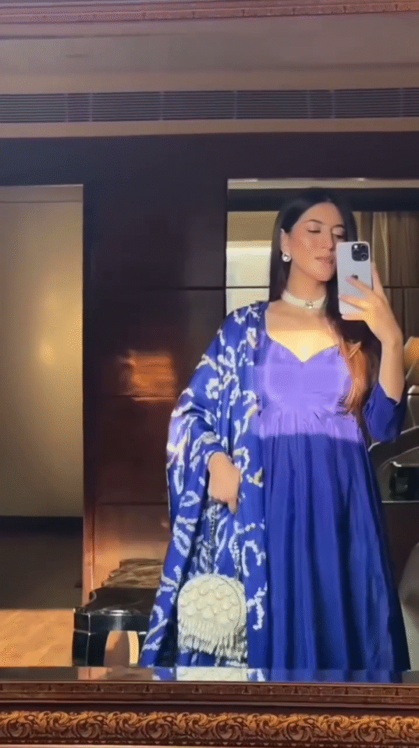 Elegant Blue Tie-Dye Anarkali Dress with Traditional Print and Complementary Dupatta - Image 2