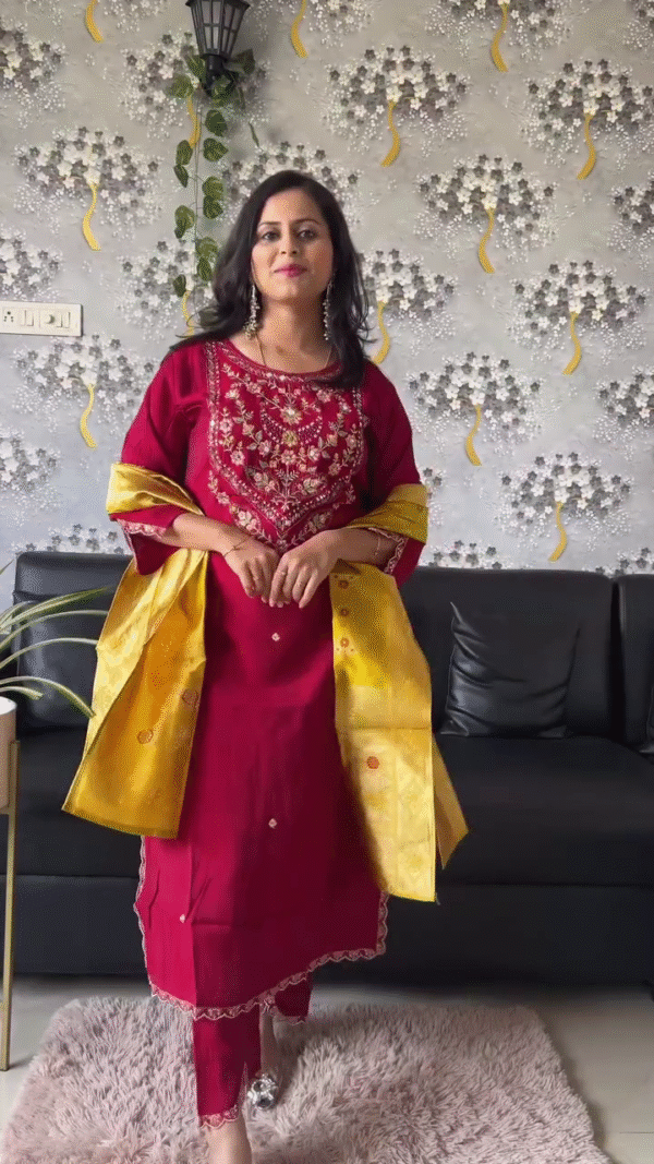 Traditional Red and Yellow Embroidered Anarkali Dress with Elegant Dupatta and Detailed Floral Work