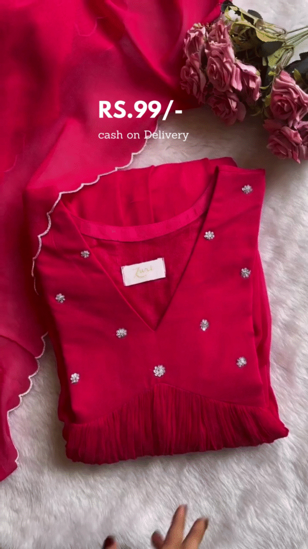Elegant Red V-neck Top with Floral Embroidery and Fringed Hem, Paired with Sheer Dupatta