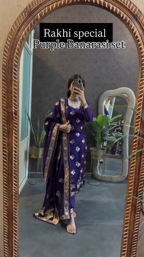 Royal Purple Banarasi Set with Intricate Floral Embroidery and Elegant Design