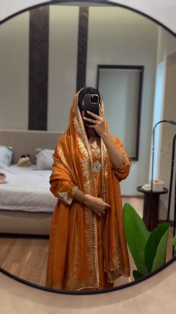 Orange Anarkali Dress with Intricate Gold Embroidery and Matching Dupatta – Perfect for Festive Celebrations and Special Occasions