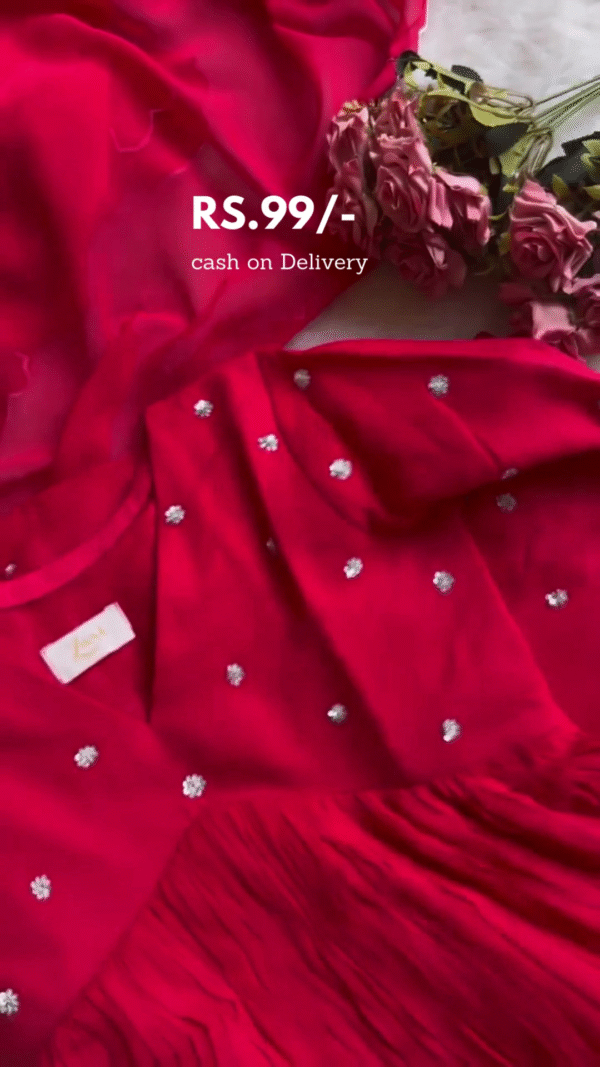 Elegant Red V-neck Top with Floral Embroidery and Fringed Hem, Paired with Sheer Dupatta - Image 2