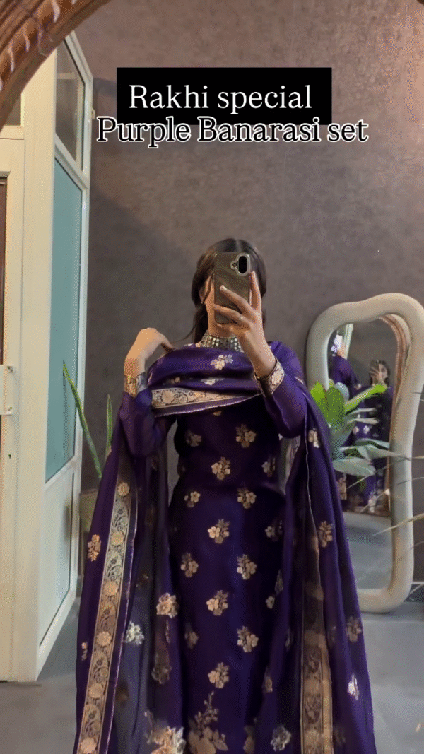 Royal Purple Banarasi Set with Intricate Floral Embroidery and Elegant Design - Image 2