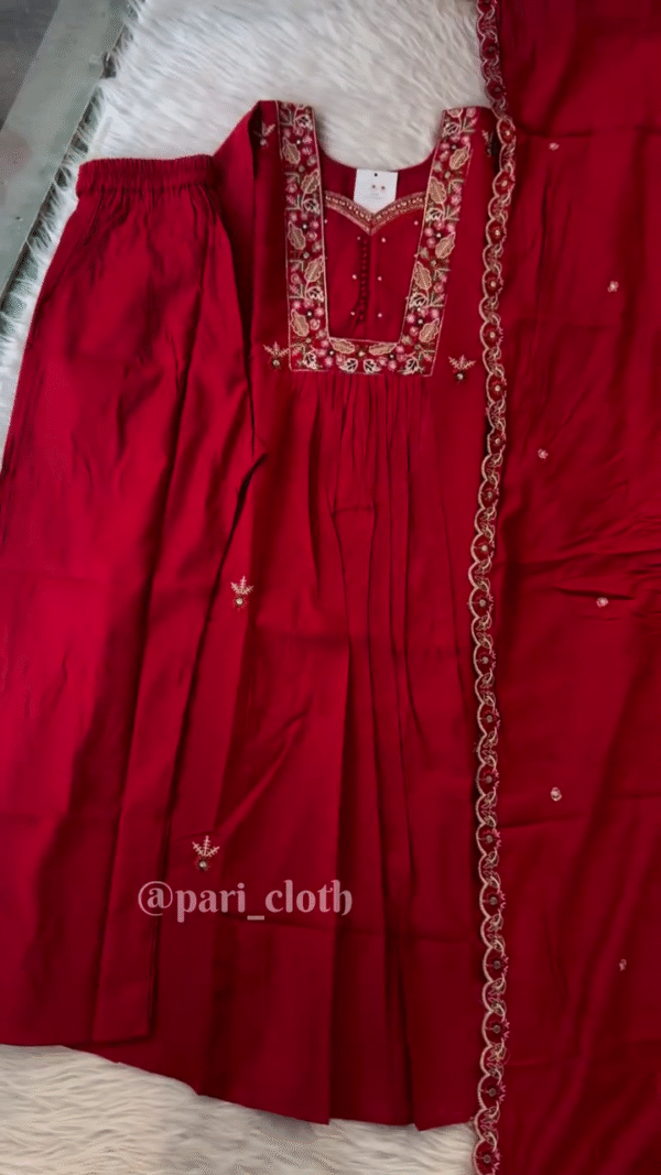 Elegant Red Embroidered Kurti Set with Intricate Floral and Beaded Work on the Neckline and Borders, Paired with a Matching Dupatta – Ideal for Festive and Special Occasions. - Image 2