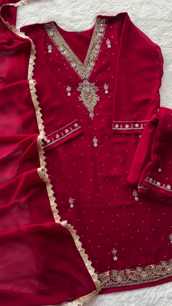 Rich Red Embroidered Anarkali Set with Intricate Gold Detailing and Pearl Accents for Festive Elegance - Image 2