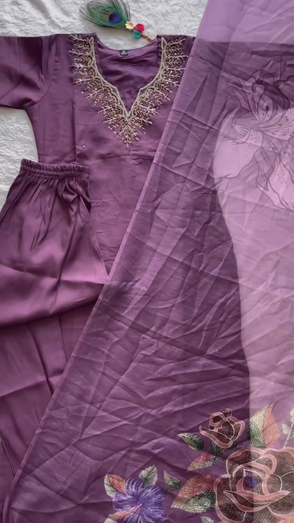 Plum Purple Straight Kurta Set with Intricate Golden Threadwork Neckline – Paired with a Lightweight Organza Dupatta Adorned in Bold Floral Motifs – Perfect for Elegant Gatherings & Effortless Everyday Grace. - Image 2
