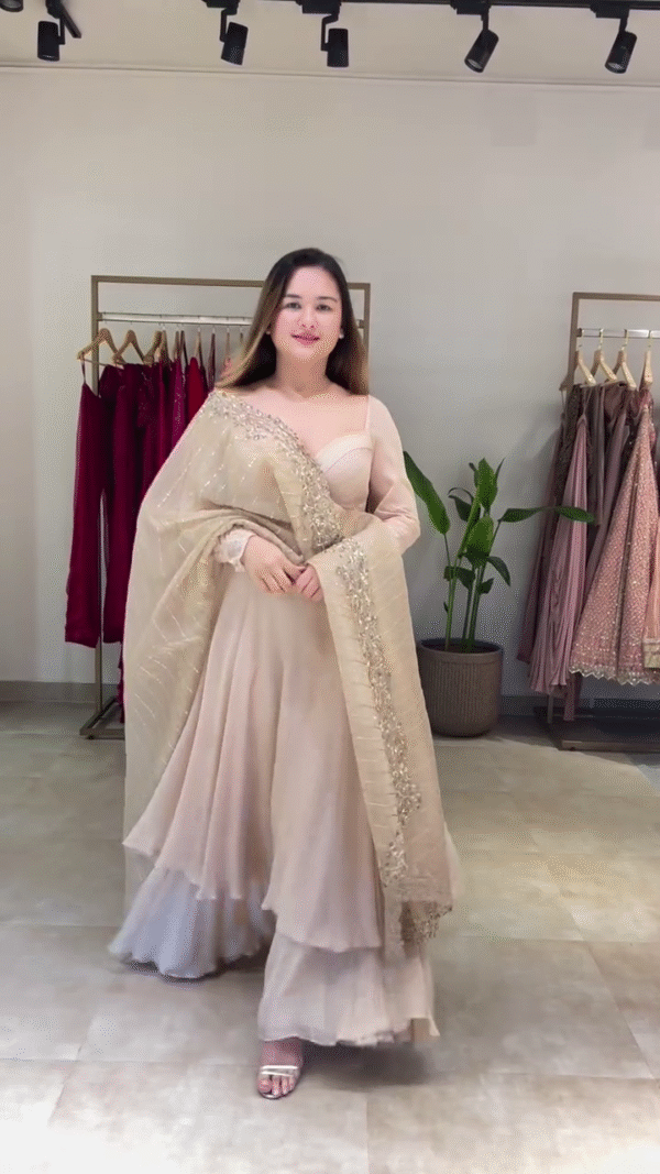 Elegant Beige Anarkali Dress with Embellished Dupatta – Perfect for Weddings, Festive Occasions, and Special Celebrations. Featuring a Flowing Silhouette and Subtle Embroidery for a Timeless