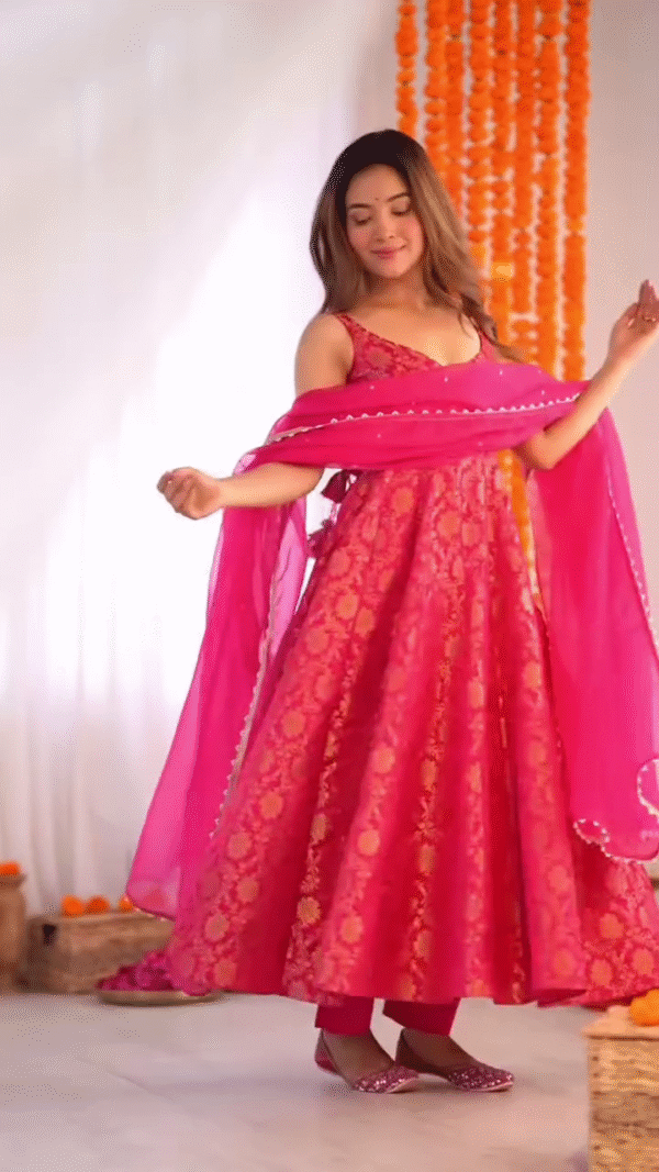 Vibrant Pink Embroidered Anarkali Dress with Matching Dupatta and Ethnic Footwear