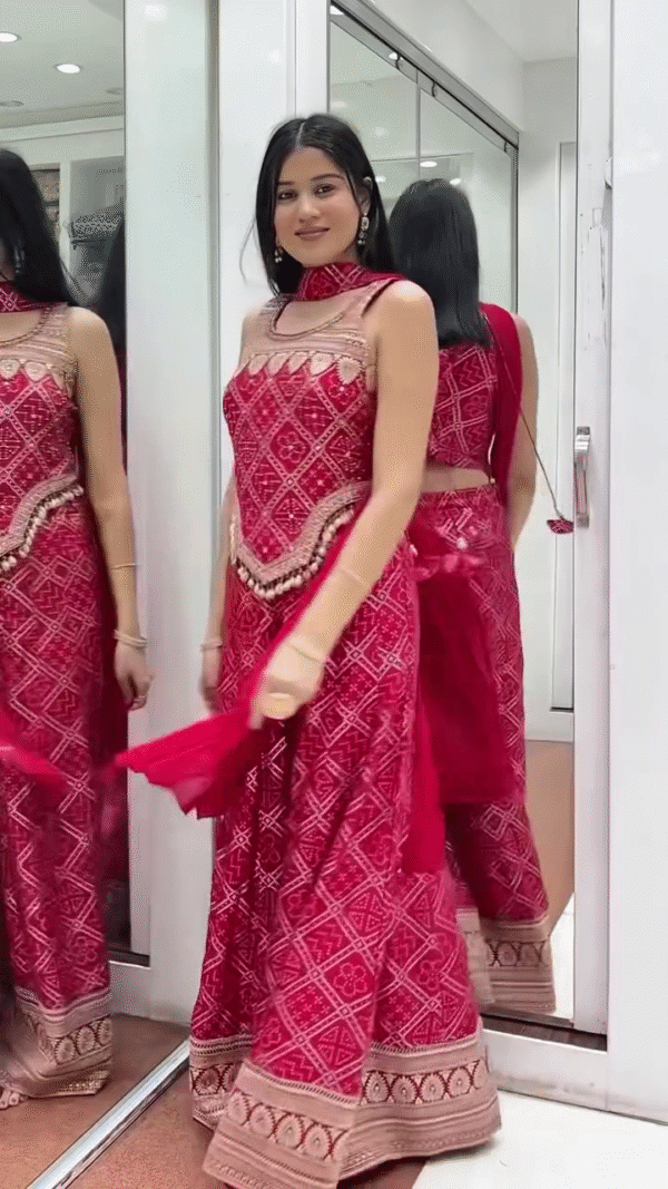 Stunning Red Ethnic Jumpsuit with Traditional Embroidered Patterns, Mirror Work Detailing, and Stylish Dupatta – Perfect for Festive Occasions, Wedding Functions, and Special Events - Image 2