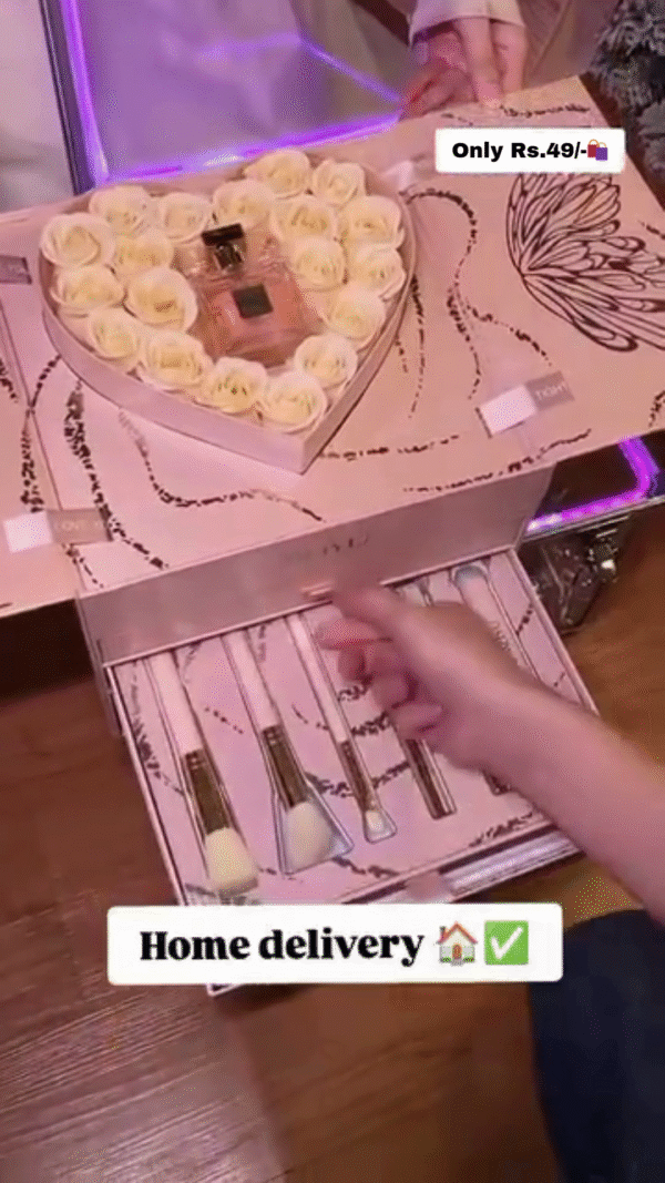 Premium Makeup Brush Set with Elegant Heart-Shaped Box and Roses, Free Home Delivery - Image 2