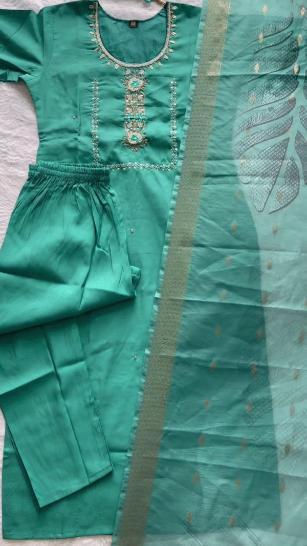 Fresh Aqua Green Straight Kurta Set with Delicate Embroidered Yoke & Mirror Detailing – Paired with a Sheer Organza Dupatta Accented by Leafy Motifs & Subtle Golden Borders – Perfect Blend of Light Festive Flair & Daytime Elegance. - Image 2