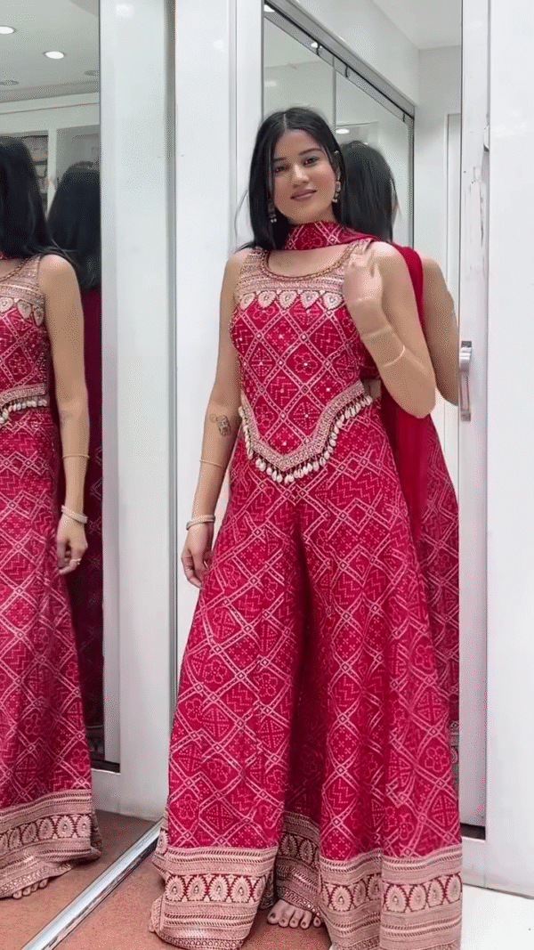 Stunning Red Ethnic Jumpsuit with Traditional Embroidered Patterns, Mirror Work Detailing, and Stylish Dupatta – Perfect for Festive Occasions, Wedding Functions, and Special Events