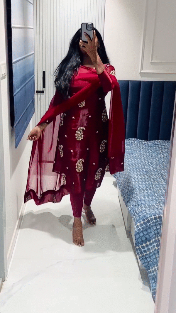 Elegant Red Embroidered Anarkali Set with Sheer Dupatta – Ideal for Festive and Traditional Occasions - Image 2
