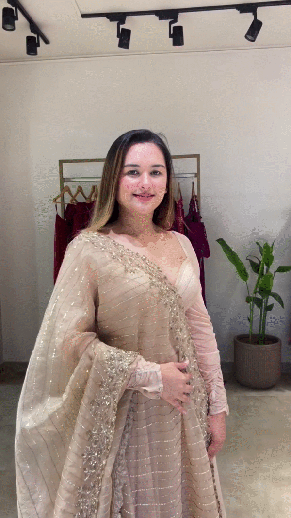 Elegant Beige Anarkali Dress with Embellished Dupatta – Perfect for Weddings, Festive Occasions, and Special Celebrations. Featuring a Flowing Silhouette and Subtle Embroidery for a Timeless - Image 2
