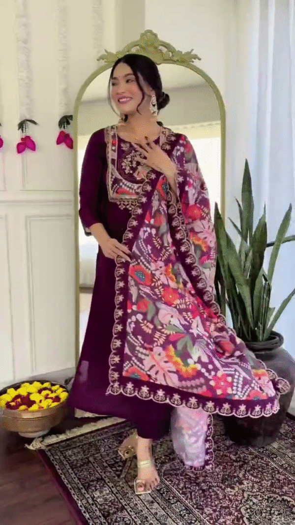 Elegant Dark Purple Kurta Set with Intricate Embroidery, Paired with a Vibrant, Floral-Printed Dupatta, Available in Both Deep Purple and Classic Black for a Timeless Look
