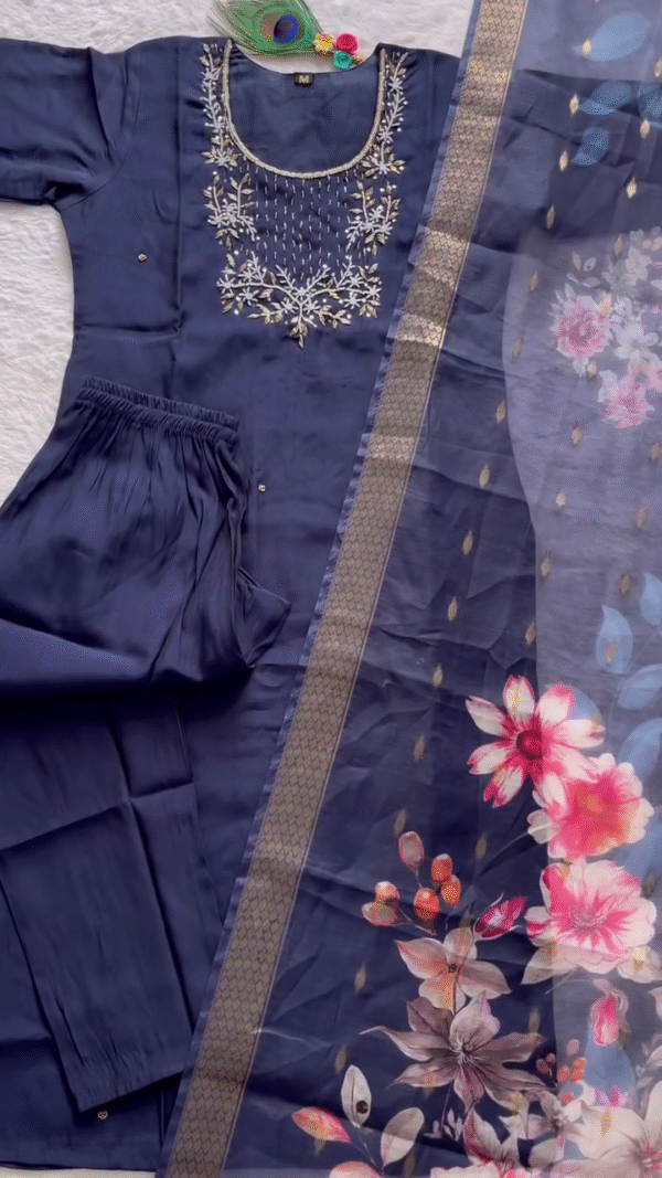 Midnight Blue Kurta Set with Intricate Thread & Sequin Work on the Yoke – Paired with a Flowing Organza Dupatta Featuring Bold Floral Digital Prints & Subtle Golden Accents – A Striking Blend of Festive Glam & Elegant Grace. - Image 2