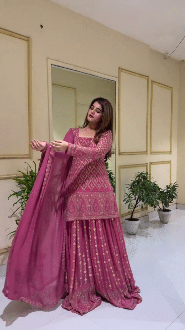 Elegant Mauve Sharara Suit Set with Heavy Embroidered Kurti, Intricate Zari and Sequin Work, and Matching Dupatta – Ideal for Wedding Ceremonies, Festive Celebrations, and Traditional Occasions - Image 2