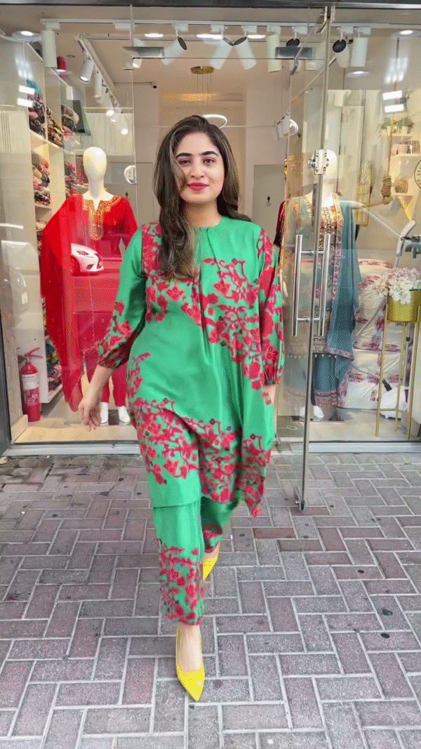 Bold Green Co-ord Set with Striking Red Floral Prints – Featuring a Flowy Long Kurta and Coordinated Trousers – A Contemporary Fusion Look for Casual Outings and Daytime Celebrations - Image 2