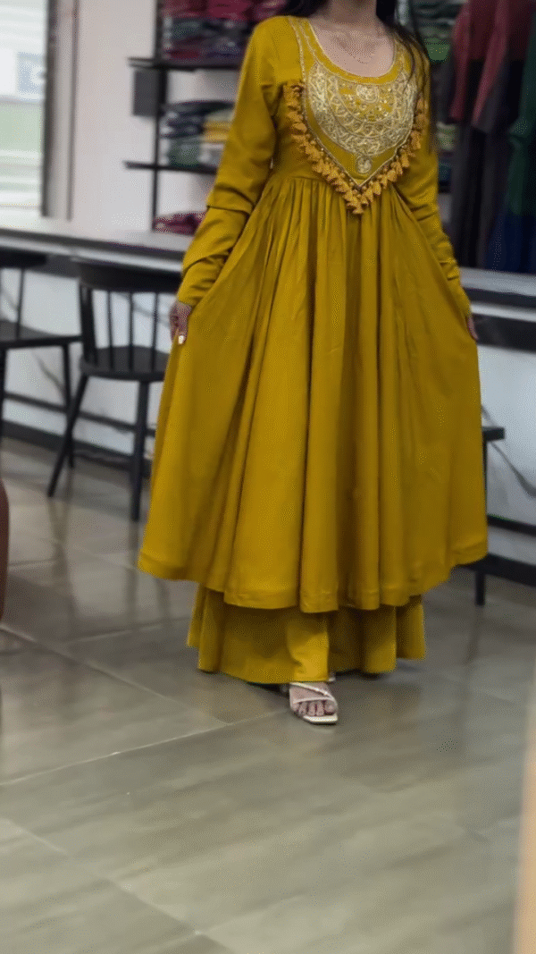 Mustard Yellow Anarkali Dress with Embroidered Yoke and Flowy Silhouette – Perfect for Traditional and Festive Occasions