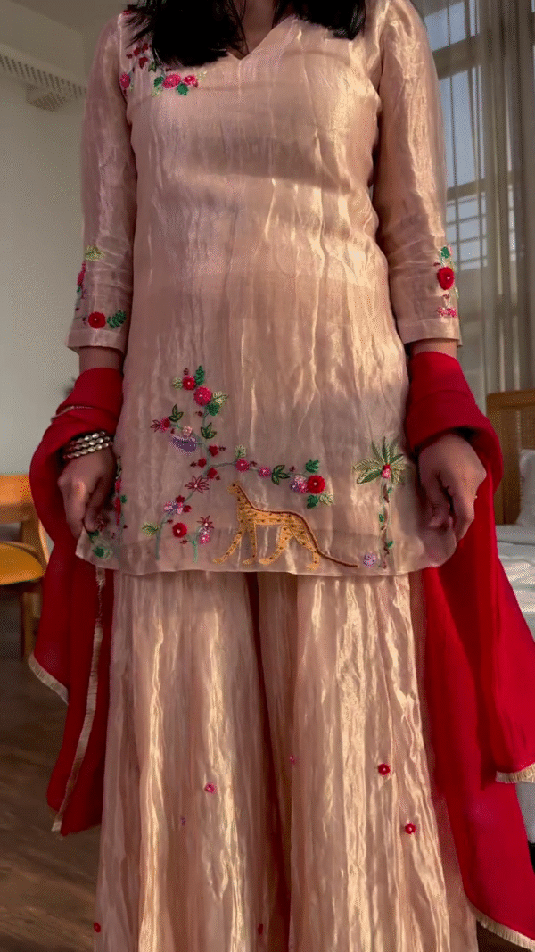 Graceful Peach Sharara Set with Delicate Floral Embroidery, Flared Palazzo Bottoms, and Contrasting Red Dupatta – Perfect for Daytime Festivities, Mehndi Functions, and Elegant Traditional Gatherings - Image 2