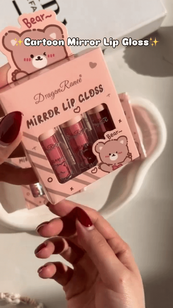 Cartoon Bear-Themed Mirror Lip Gloss Set – Cute Packaging with Glossy, Hydrating Finish for Shiny, Nourished Lips