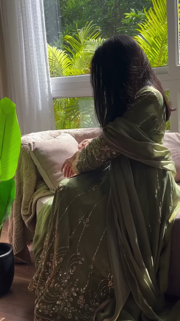 Graceful Olive Green Anarkali Dress with Delicate Gold Embroidery and Matching Dupatta – Perfect for Elegant Festive and Traditional Occasions - Image 2