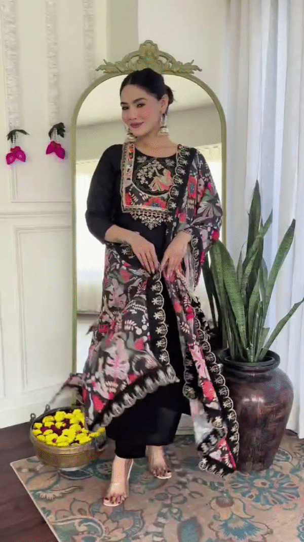 Elegant Dark Purple Kurta Set with Intricate Embroidery, Paired with a Vibrant, Floral-Printed Dupatta, Available in Both Deep Purple and Classic Black for a Timeless Look - Image 2