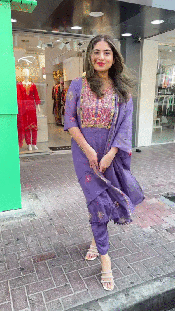 Elegant Purple Suit Set with Intricate Multicolor Thread Embroidery and Geometric Motifs – Featuring a Straight-Cut Kurta, Tapered Pants, and a Coordinated Embroidered Dupatta – Perfect for Festive Days and Ethnic Gatherings - Image 2