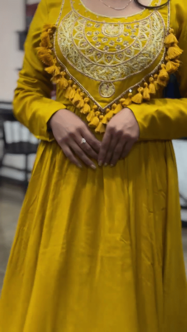 Mustard Yellow Anarkali Dress with Embroidered Yoke and Flowy Silhouette – Perfect for Traditional and Festive Occasions - Image 2
