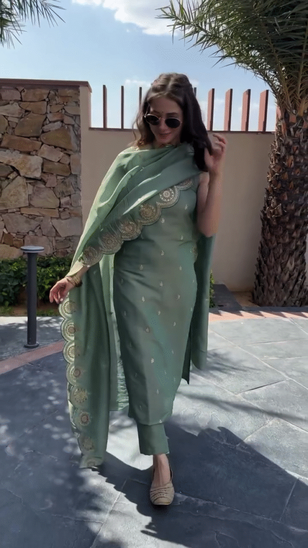 Elegant Sage Green Salwar Kameez with Gold Embroidery, Paired with a Flowing Dupatta for a Chic Look. - Image 2