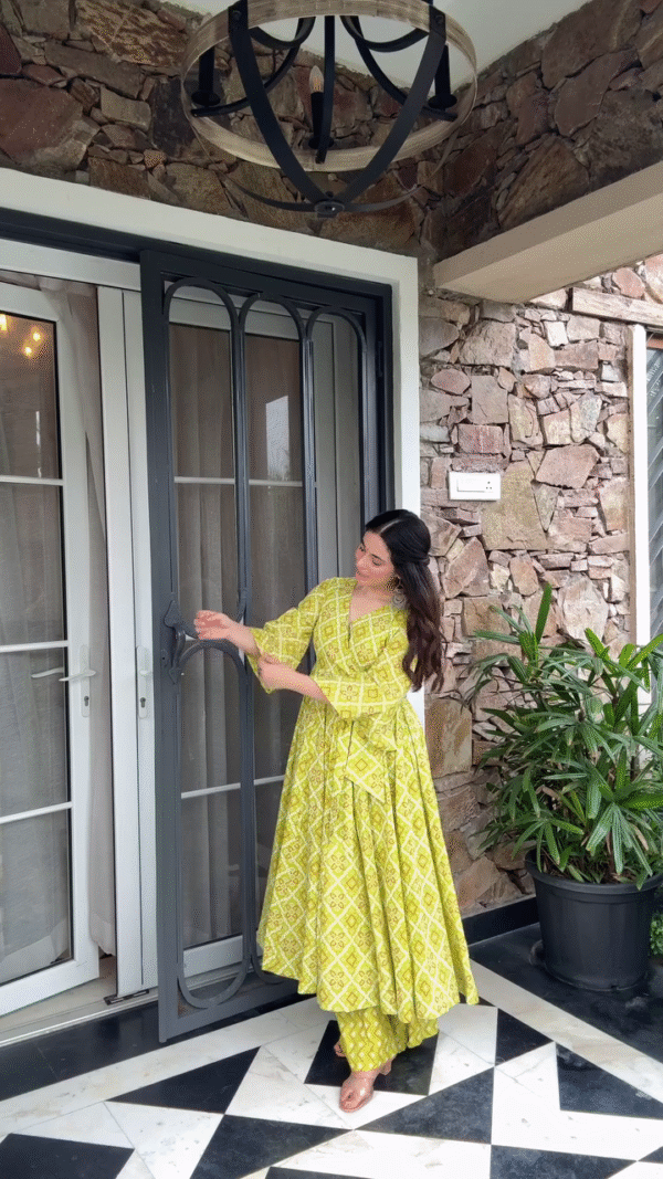 Vibrant Yellow Floral Print Anarkali Dress with Bell Sleeves and Flowing Skirt for a Traditional Look - Image 2