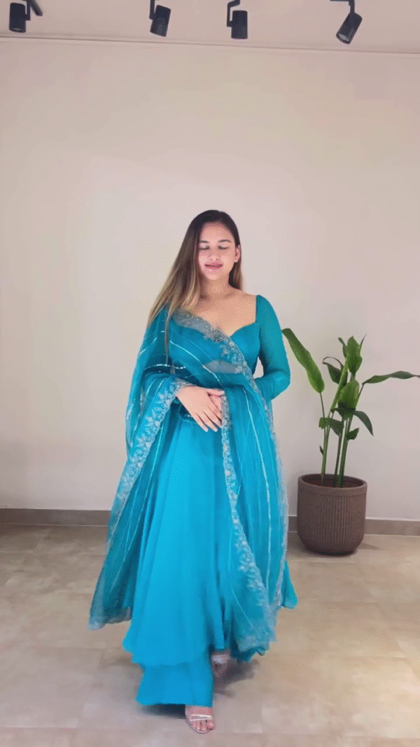 Blush Pink Anarkali Dress with Layered Skirt and Embellished Dupatta – Perfect for Weddings, Parties, and Festive Occasions. Elegant and Comfortable for a Graceful Look. - Image 2