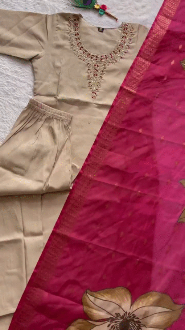 Graceful Beige Suit Set with intricate maroon threadwork on the neckline paired with a vibrant magenta dupatta featuring bold floral prints and golden accents. - Image 2