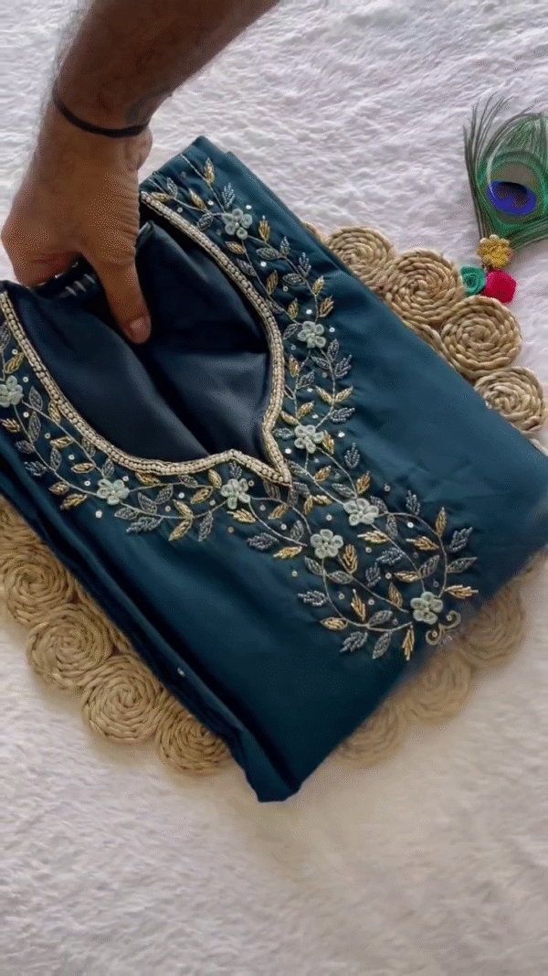 Chic Teal Blue Suit Set featuring intricate floral embroidery around the neckline, complemented by a sheer dupatta with white and gold leaf motifs and a textured golden border — perfect for a graceful and contemporary ethnic look.